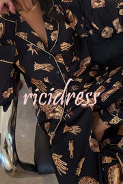 Golden Night Unique Print Color-block Trim Loose Shirt and Elastic Waist Pocketed Pajama Set