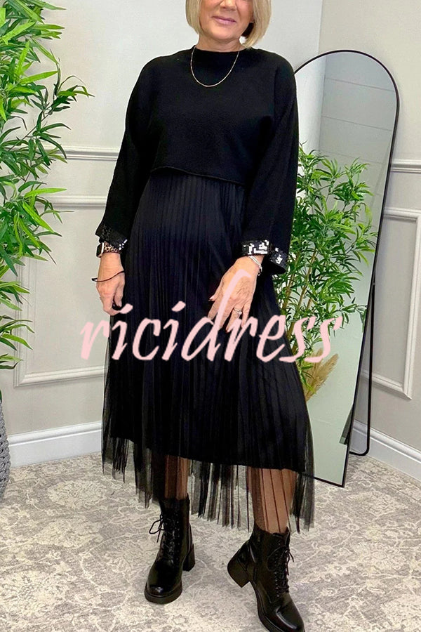Fenna Ribbed Sequin Trim Batwing Sleeve Sweater and Pleated Tulle Stretch Tank Midi Dress Two-piece Set