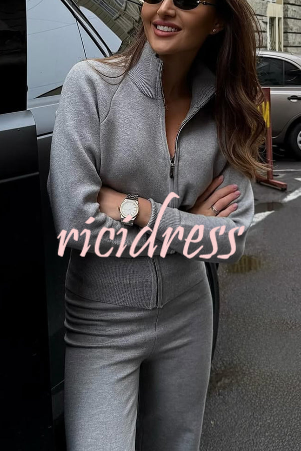 Cozycore Knit Zipper Long Sleeve Cardigan and Stretch Wide Leg Pants Set