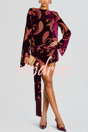 Night Out Velvet Paisley Print Long Sleeve Tie-up Tassel Loose Mini Dress