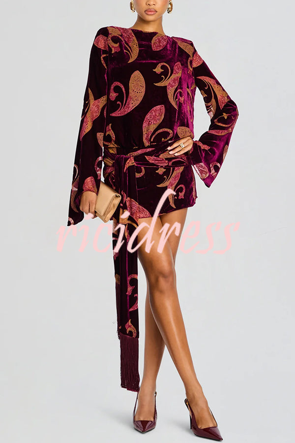 Night Out Velvet Paisley Print Long Sleeve Tie-up Tassel Loose Mini Dress