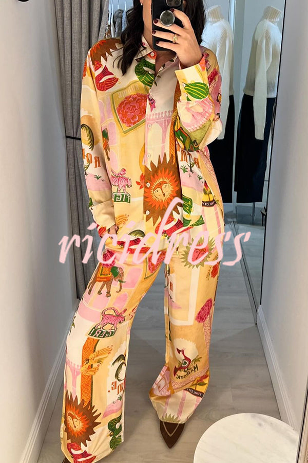Unique Printed Casual Long Sleeved Shirt Top and Elastic Waist Loose Pants Sets