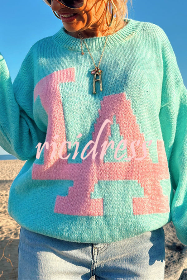 Letter Pattern Crew Neck Long Sleeve Loose Knit Sweater