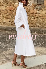 Solid Color V-neck Half-sleeve Loose Slit Midi Dress