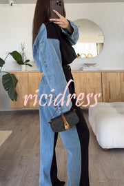 Sports Fashion Denim Patchwork Sweatshirt Fabric High Rise Pocket Loose Pants