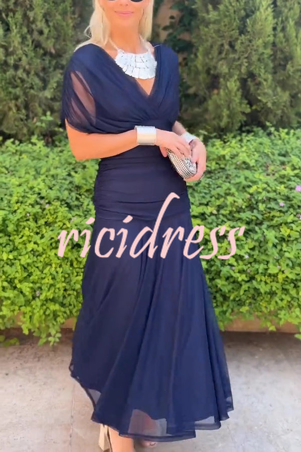 Unique Printed V-Neck Waisted Mesh Holiday Maxi Dress