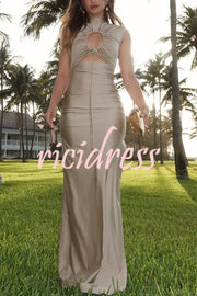 Genis Hollow Elastic Bust High Neck Sleeveless Gathered Maxi Dress