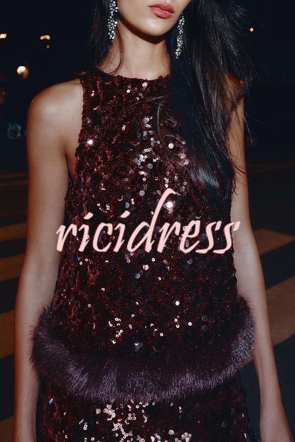 Gala Goddess Sequin Faux Fur Trim Crew Neck Sleeveless Loose Top