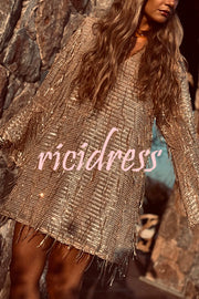 Flowing Shimmer Sequin Tassel Fabric Bell Sleeve Back Tie-up Loose Mini Dress