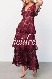 Solid V-neck Ruffled Sleeves Cinched Waist Maxi Dress