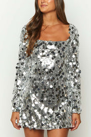Bring The Disco Large Sequins Square Neck Long Bell Sleeve Backless Slit Mini Dress