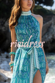 Unique Print Sexy Off-the-shoulder Waist Tie Slit Holiday Midi Dresses
