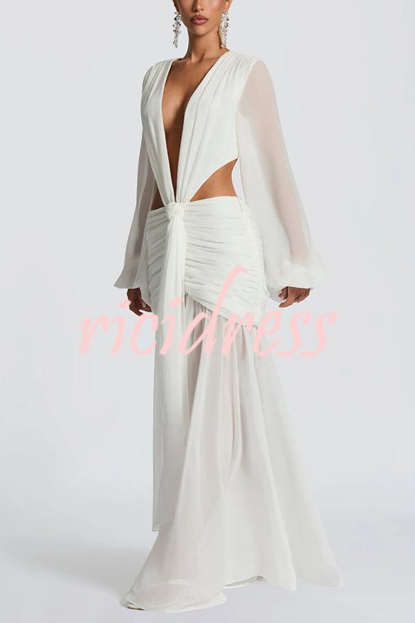 Deep Memories Chiffon Balloon Sleeve Cutout Ruched Drape Maxi Dress