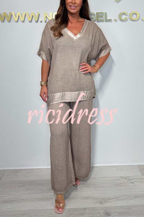 Fashionable V-neck Short-sleeved Loose Top and Elastic Waist Casual Wide-leg Pants Set