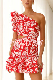 Floral Print One-shoulder Ruffled Waist Cutout Mini Dress