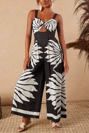 Unique Printed Open Back Pleated Casual Wide-leg Jumpsuit