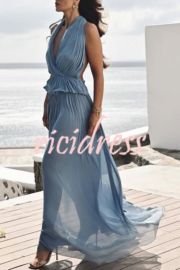 Pure Lightness Chiffon Pleated Halter Backless Top and Elastic Waist A-line Maxi Skirt Set