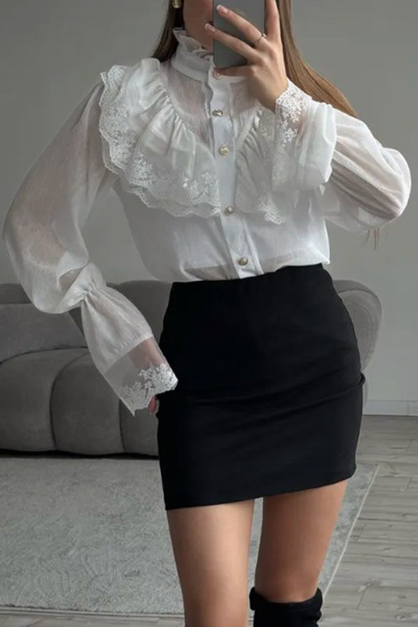 French Chiffon Ruffled Stand Collar Casual Shirt