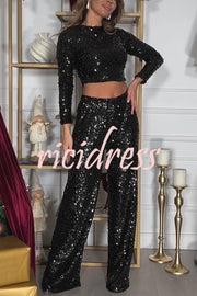 New Start Sequin Long Sleeve Back Tie-up Crop Top and Elastic Waist Loose Pants Set