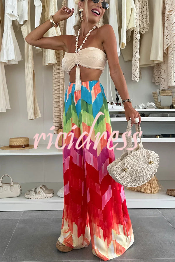Welcome To Summer Shell Tassel Halter Stretch Bra and Colorful High Rise Wide Leg Pants Set