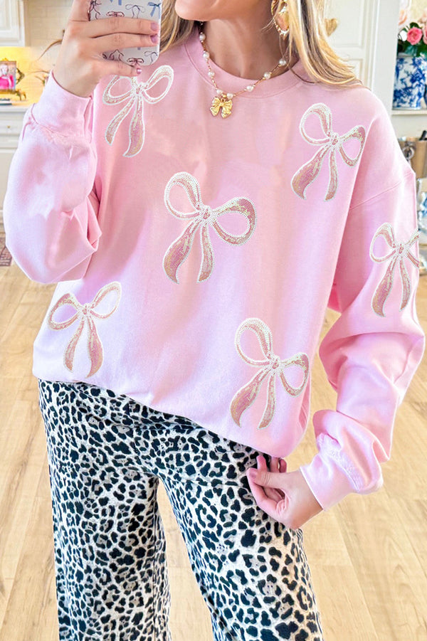 Christmas Sequined Bow Crew Neck Long-sleeved Loose Sweatshirt