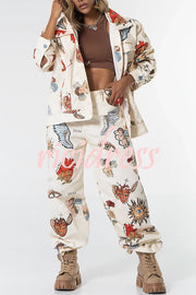 Angel Wings Denim Unique Print Button Up Long Sleeve Pocketed Relaxed Jacket