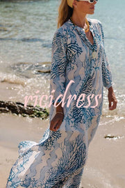 Quiet Sea Unique Print Pleated Neck Long Sleeve Slit Kaftan Maxi Dress