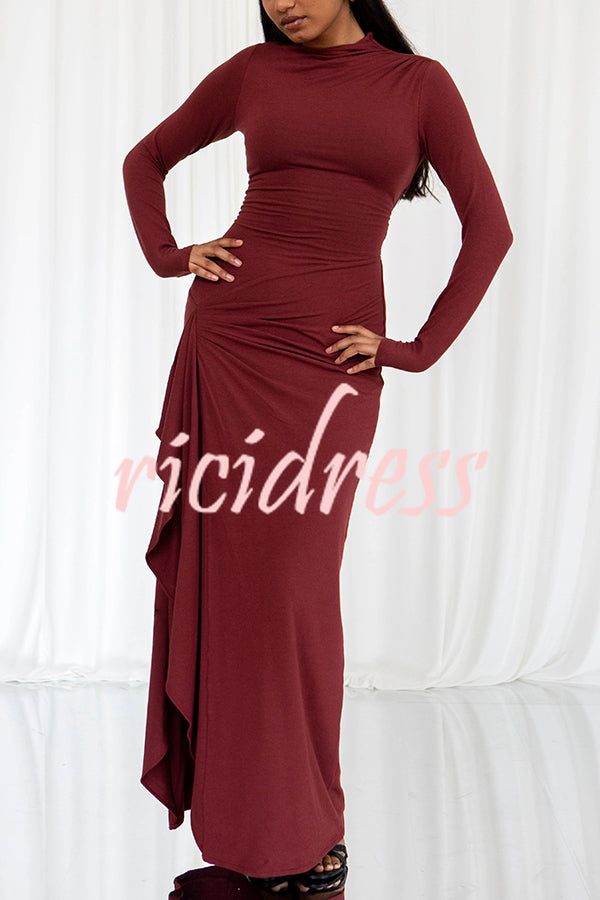 Venus Long Sleeve Ruched Side Slit Drape Ruffles Back Lace-up Stretch Maxi Dress