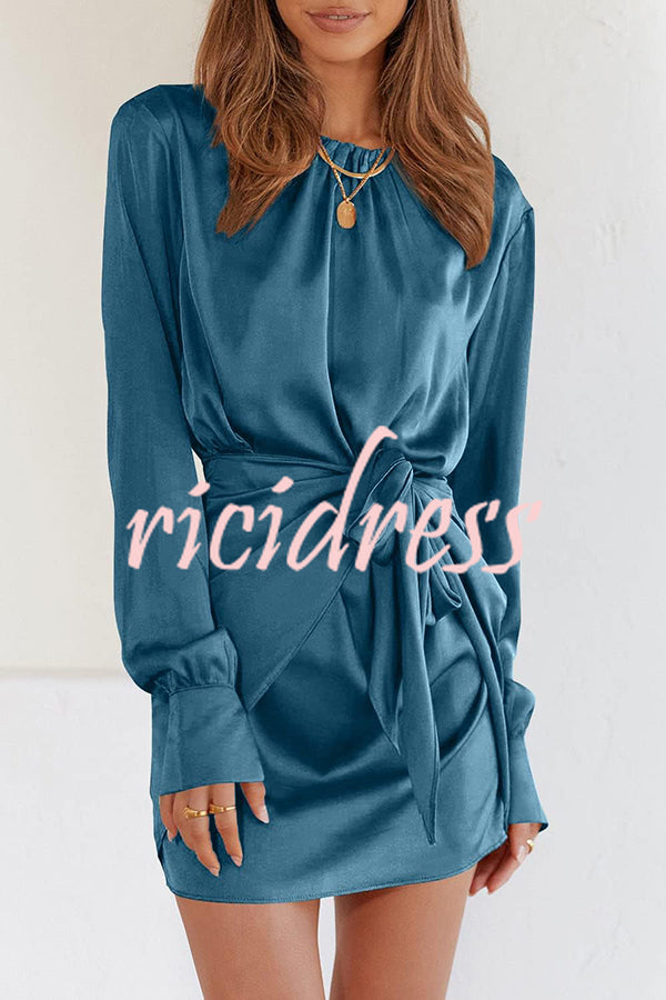 Satin Round Neck Long Sleeve Elastic Tie Mini Dress