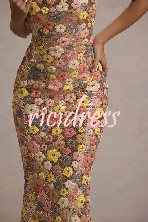 80's Inspired Floral Print Sequin Square Neck Slip Stretch Maxi Dress