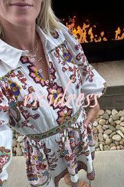 Fun and Vibrant Linen Blend Unique Print Puff Sleeve Pocketed Shirt Mini Dress