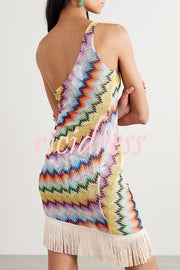 Eline Knit Colorful Zigzag PatternOne Shoulder Ruched Tassle Trim Mini Dress