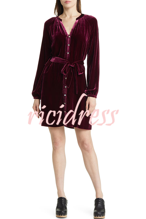 Solid Color Velvet Long-sleeved V-neck Lace-up Mini Dress