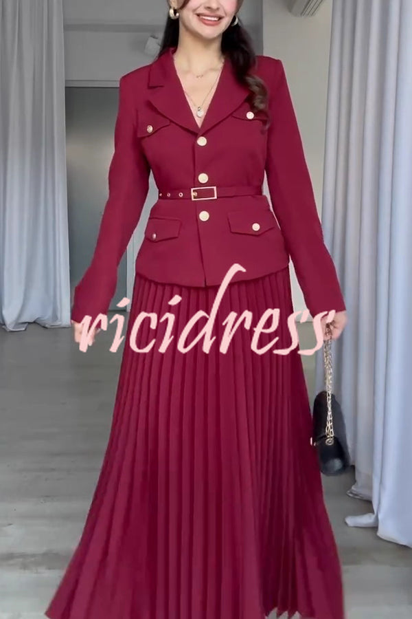 Solid Color Lapel Button Belt Blazer and Pleated Casual Maxi Skirt Set