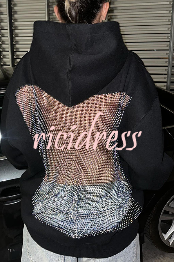 Fashionable Shiny Mesh Hollow Back Loose Long-sleeved Hooded Sweatshirt