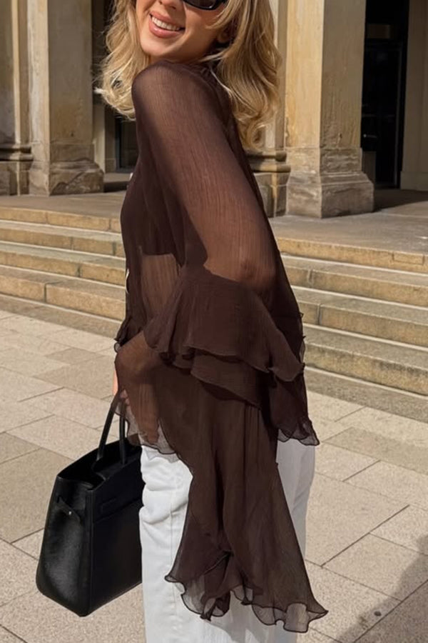 Solid Color Chiffon Elegant Bell Sleeve Loose Cover-up Top