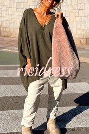 Fashion V-neck Loose Pocket Mid-length Knitted Sweater