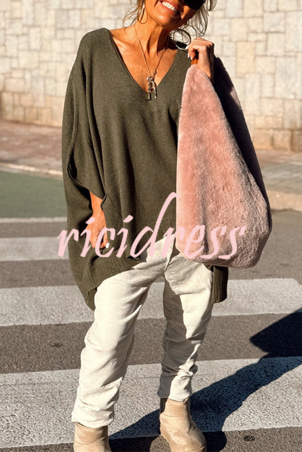 Fashion V-neck Loose Pocket Mid-length Knitted Sweater