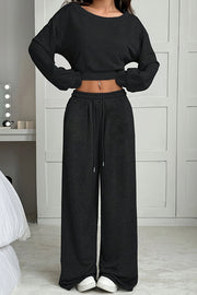 Solid Color Loose Long-sleeved Short Top and Elastic Waist Casual Pocket Wide-leg Pants Set