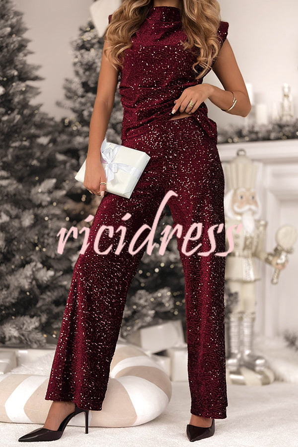 Stylish Sparkly Velvet Sequin Sleeveless Pleated Top and Casual Wide-leg Pants Set