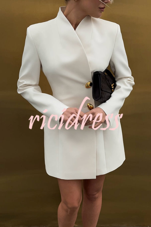 Kayleen Stand V-neck Decorative Metal Button Long Sleeve Pocket Blazer Mini Dress