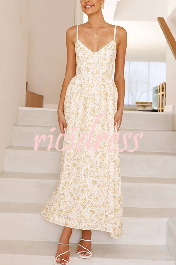 Floral Print V-Neck Sleeveless Back Tie Pocket Maxi Dress