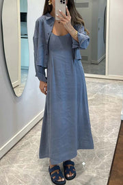 Modern Comfort Long Sleeve Shirt and Slip Loose Midi Dress Two Piece Set