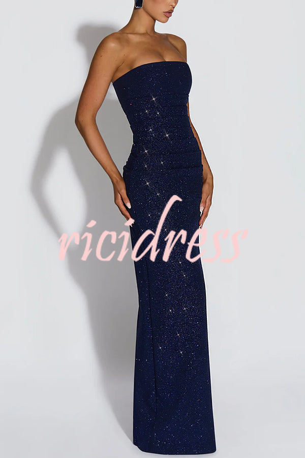 Pandra Glittery Crepe Fabric Off Shoulder Ruched Slit Cape Maxi Dress