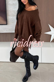 Comfy and Sweet Knit Lace Patchwork Hem Wide Neck Long Sleeve Loose Sweater