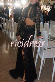 Dark Night Charm Sheer Lace Cutout Long Sleeve Stretch Maxi Dress