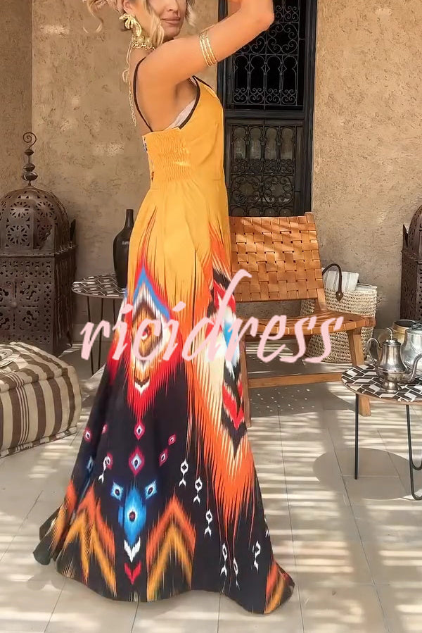 Unique Printed Suspender V-neck Loose Maxi Dress