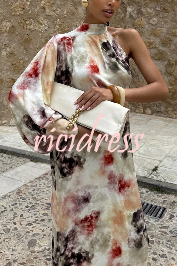 Ninah Satin Tie-dye Print Tie-up Neck One Sleeve H-line Maxi Dress