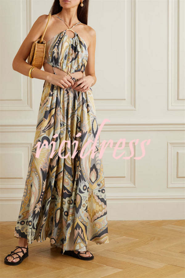 Vacation Feelings Unique Print Halter Ring Cutout Slit Maxi Dress