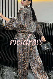 Leopard Print Drawstring Waist Zipper Jacket and Elastic Waist Pocket Loose Pants Set